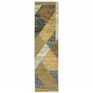 Photo of Gold Blue Green Rust Beige Purple And Teal Geometric Power Loom Stain Resistant Runner Rug