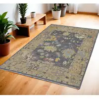 Photo of Gold Blue and Purple Wool Oriental Hand Knotted Area Rug With Fringe