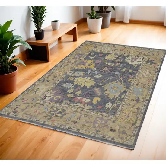 Gold Blue and Purple Wool Oriental Hand Knotted Area Rug With Fringe Photo 1