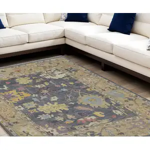 Photo of Gold Blue and Purple Wool Oriental Hand Knotted Area Rug With Fringe