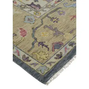 Photo of Gold Blue and Purple Wool Oriental Hand Knotted Area Rug With Fringe