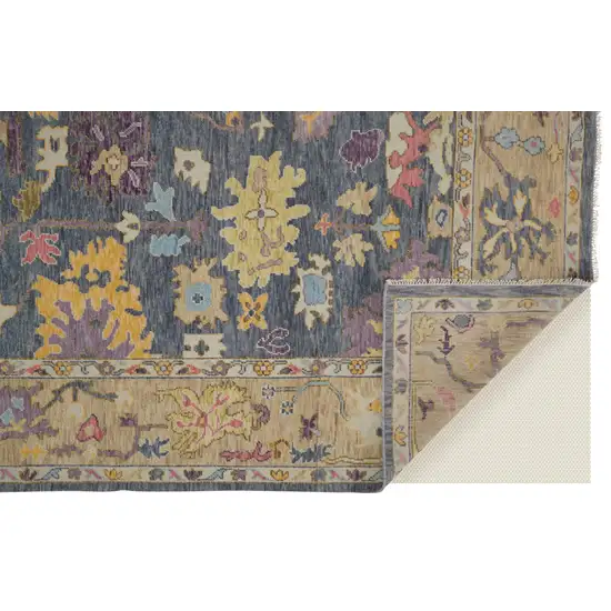 Gold Blue and Purple Wool Oriental Hand Knotted Area Rug With Fringe Photo 5