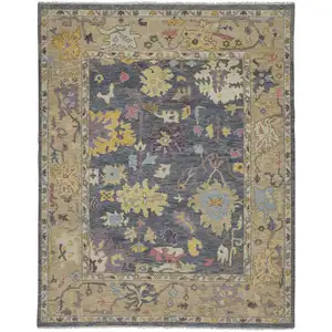 Photo of Gold Blue and Purple Wool Oriental Hand Knotted Area Rug With Fringe