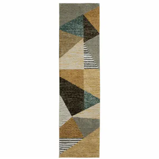 8' Runner Blue and Beige Geometric Power Loom Runner Rug Photo 2