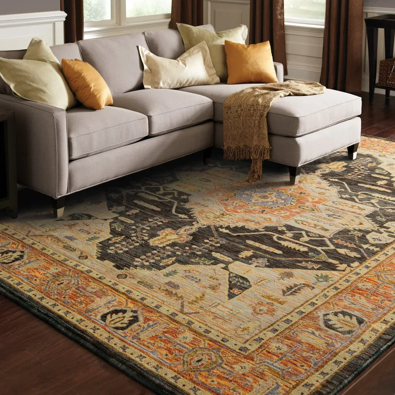 Gold Brown Grey Rust Green And Purple Oriental Power Loom Stain Resistant Area Rug Photo 4