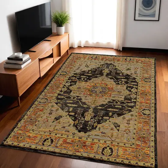 Black and Gold Oriental Power Loom Area Rug Photo 1