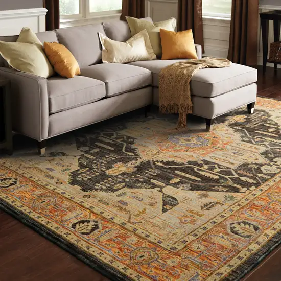 Gold Brown Grey Rust Green And Purple Oriental Power Loom Stain Resistant Area Rug Photo 5