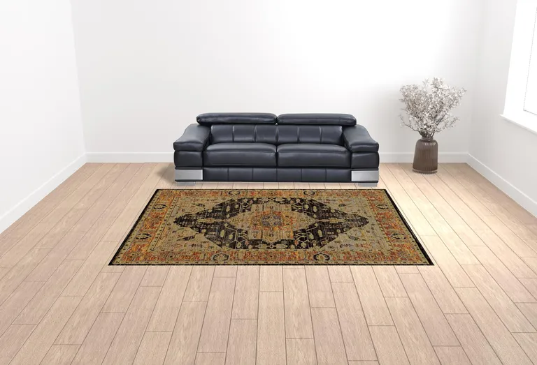 Gold Brown Grey Rust Green And Purple Oriental Power Loom Stain Resistant Area Rug Photo 2