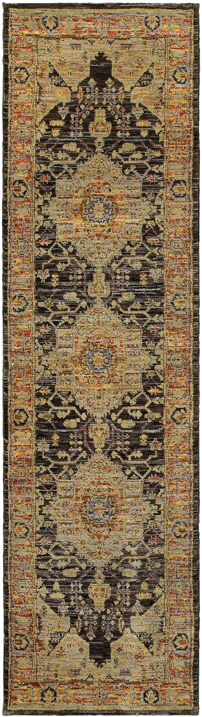 Gold Brown Grey Rust Green And Purple Oriental Power Loom Stain Resistant Runner Rug Photo 1