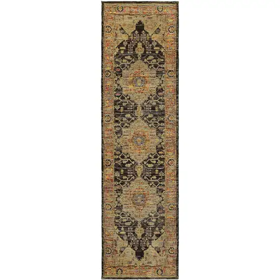 Gold Brown Grey Rust Green And Purple Oriental Power Loom Stain Resistant Runner Rug Photo 1