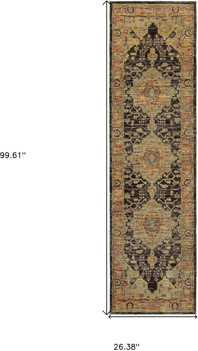 Gold Brown Grey Rust Green And Purple Oriental Power Loom Stain Resistant Runner Rug Photo 5