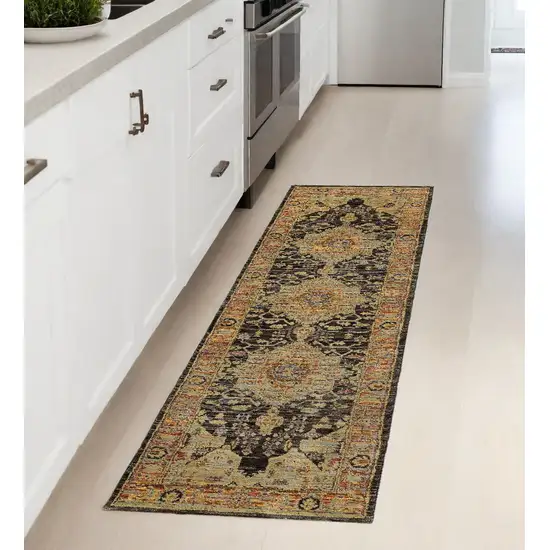 Black and Gold Oriental Power Loom Runner Rug Photo 1