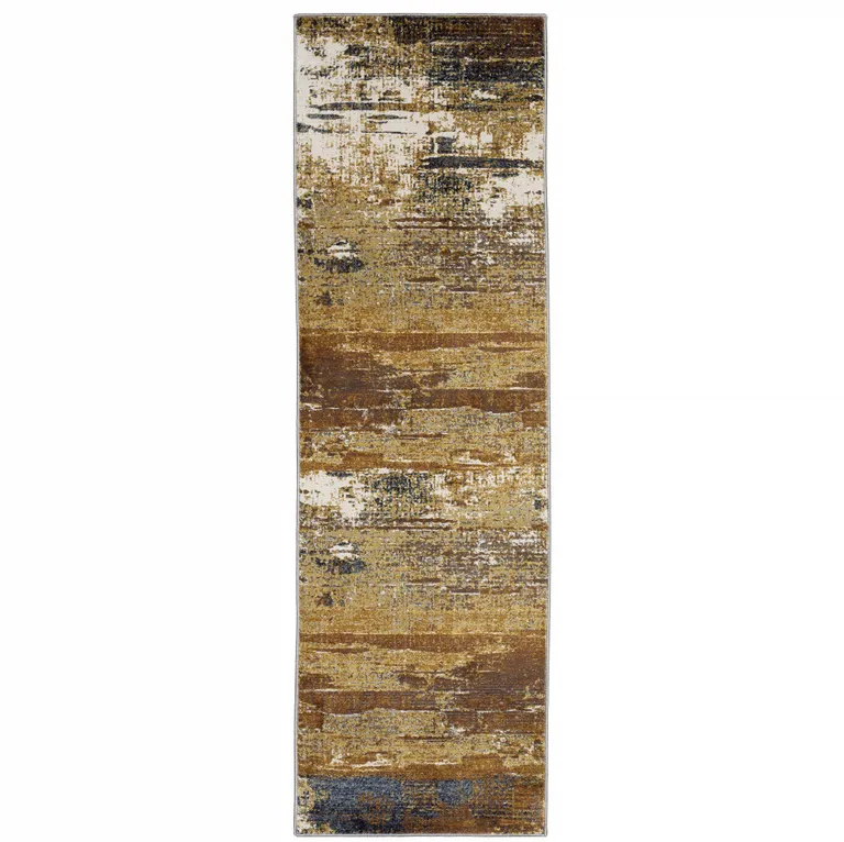 Gold Brown Rust Grey Blue And Beige Abstract Power Loom Stain Resistant Runner Rug Photo 1