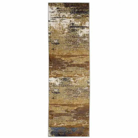 Gold Brown Rust Grey Blue And Beige Abstract Power Loom Stain Resistant Runner Rug Photo 1