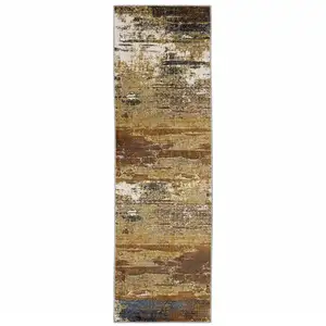 Photo of Gold Brown Rust Grey Blue And Beige Abstract Power Loom Stain Resistant Runner Rug