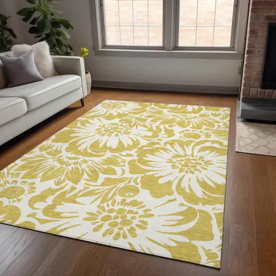 Gold Floral Washable Non Skid Indoor Outdoor Area Rug Photo 6