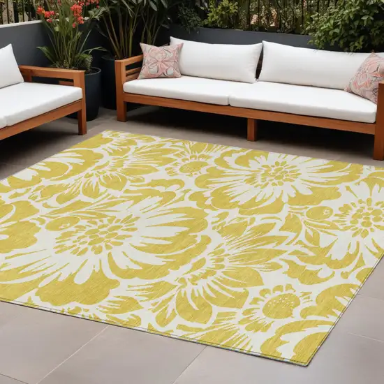 Gold and Ivory Floral Washable Non Skid Indoor Outdoor Area Rug Photo 1