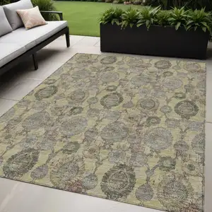 Photo of Gold Gray And Charcoal Damask Washable Indoor Outdoor Area Rug