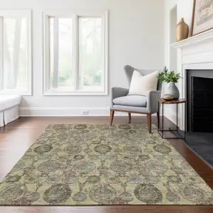 Photo of Gold Gray And Charcoal Damask Washable Indoor Outdoor Area Rug