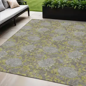 Photo of Gold Gray And Charcoal Floral Washable Indoor Outdoor Area Rug