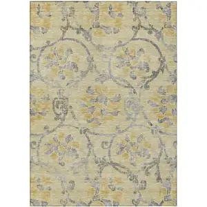 Photo of Gold Gray And Charcoal Floral Washable Indoor Outdoor Area Rug