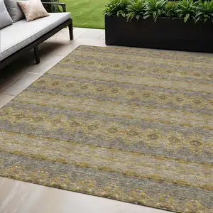 Photo of Gold Gray And Silver Floral Medallion Washable Indoor Outdoor Area Rug