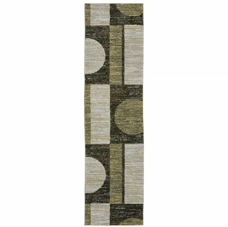 Gold Green Charcoal Teal Blue Purple Grey And Beige Geometric Power Loom Stain Resistant Runner Rug Photo 1