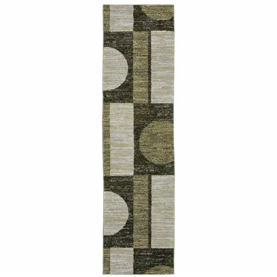 Gold Green Charcoal Teal Blue Purple Grey And Beige Geometric Power Loom Stain Resistant Runner Rug Photo 1