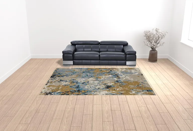 Gold Grey And Ivory Abstract Power Loom Stain Resistant Area Rug Photo 2