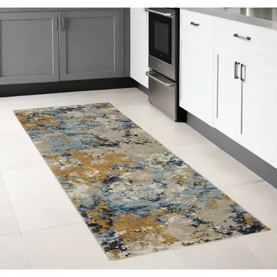 Gray and Ivory Abstract Power Loom Runner Rug Photo 1