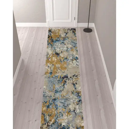 Gold Grey And Ivory Abstract Power Loom Stain Resistant Runner Rug Photo 2