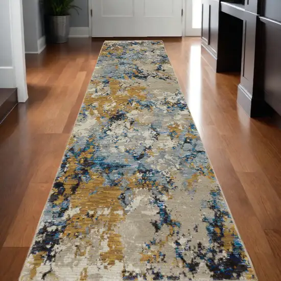 12' Runner Gold Grey and Ivory Abstract Power Loom Runner Rug Photo 1