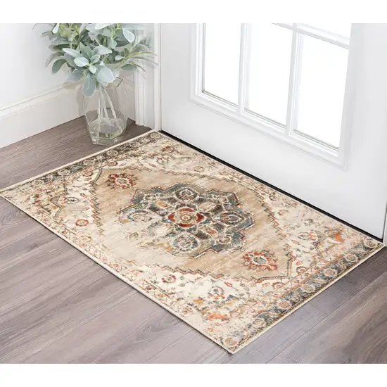 Ivory Tan and Gold Medallion Power Loom Area Rug Photo 1