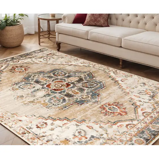 Ivory Tan and Gold Medallion Power Loom Area Rug Photo 1