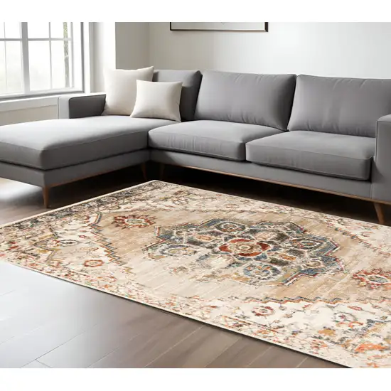 Ivory Tan and Gold Medallion Power Loom Area Rug Photo 1