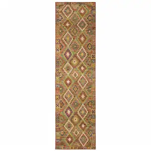 Photo of Gold Orange Brown Red Green Purple And Beige Southwestern Printed Stain Resistant Non Skid Runner Rug