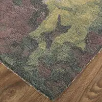 Photo of Gold Purple And Green Wool Abstract Tufted Handmade Stain Resistant Area Rug