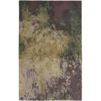 Photo of Gold Purple And Green Wool Abstract Tufted Handmade Stain Resistant Area Rug