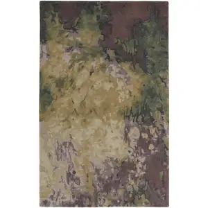 Photo of Gold Purple And Green Wool Abstract Tufted Handmade Stain Resistant Area Rug