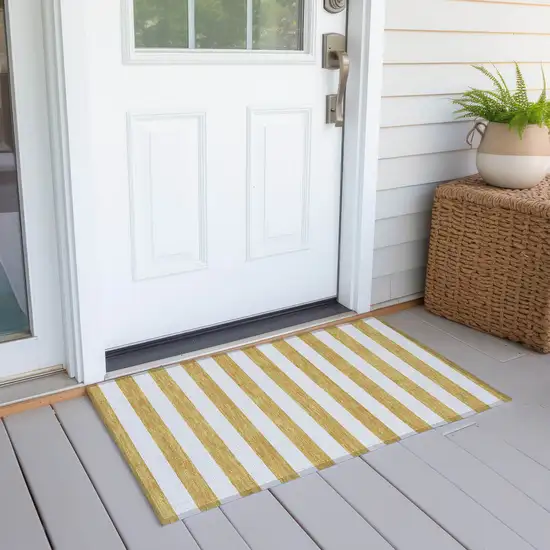 Gold Striped Washable Non Skid Indoor Outdoor Area Rug Photo 8