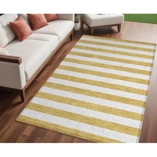 Gold Striped Washable Non Skid Indoor Outdoor Area Rug Photo 1