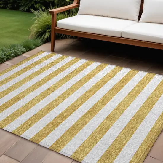 Gold Striped Washable Non Skid Indoor Outdoor Area Rug Photo 1