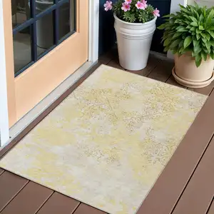 Photo of Gold Wheat And Beige Floral Washable Indoor Outdoor Area Rug