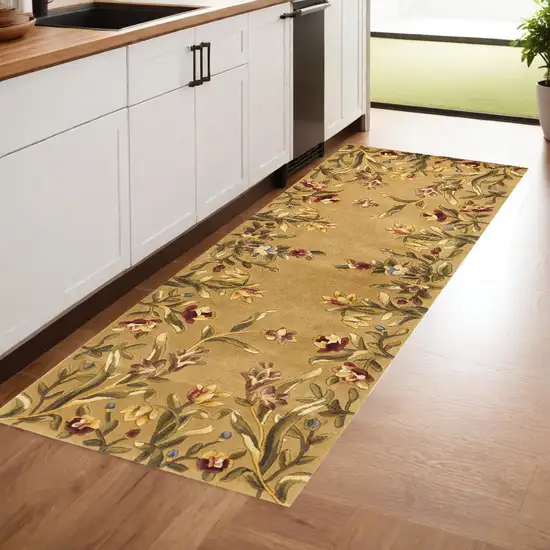 8' Golden Yellow Wool Floral Hand Tufted Runner Rug Photo 1