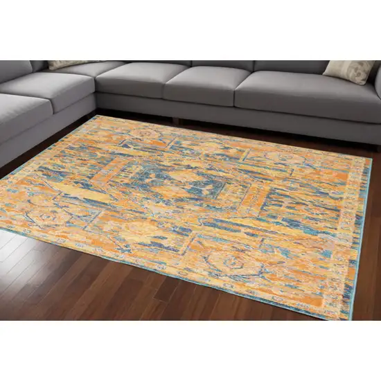 Teal And Gold Medallion Distressed Area Rug Photo 2