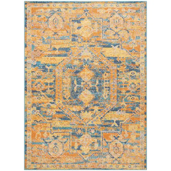 Teal And Gold Medallion Distressed Area Rug Photo 1