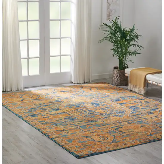 Teal And Gold Medallion Distressed Area Rug Photo 6