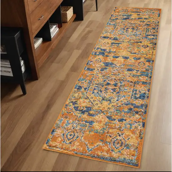 6' Teal And Gold Medallion Distressed Runner Rug Photo 2