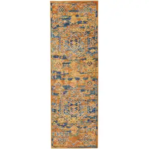 Photo of Gold and Blue Antique Runner Rug