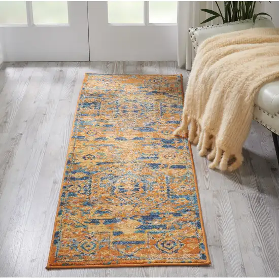 6' Teal and Gold Shag Power Loom Runner Rug Photo 5